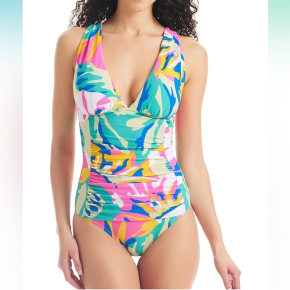 Other - Beyond Control swimwear one piece floral plunging neckline tummy control swim 10